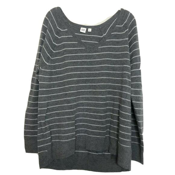 Gap Womens Sweater Large Gray White Stripes Brooklyn V-Neck - Picture 1 of 7